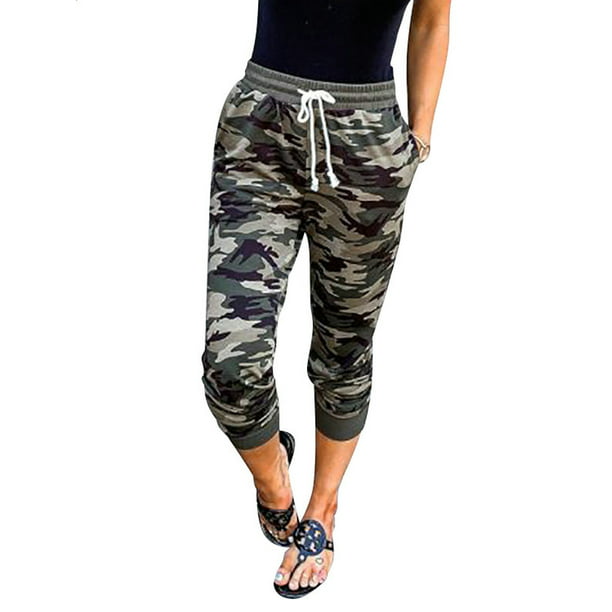 Women's Summer Casual Camouflage Capri Pants Elastic Waisted Trousers Sweatpants
